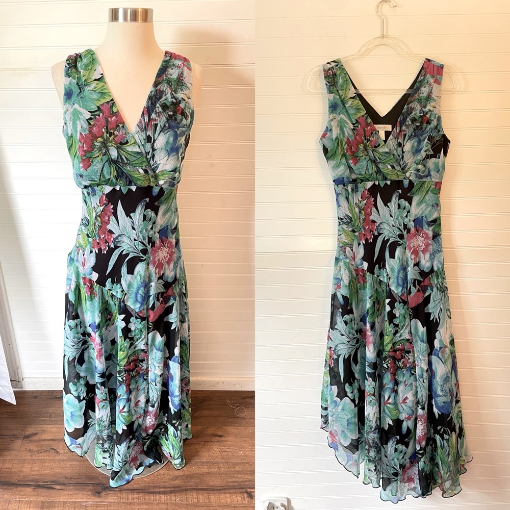 Dressbarn Tropical Floral Chiffon Asymmetrical Hem Dress Size 12 Y2K
